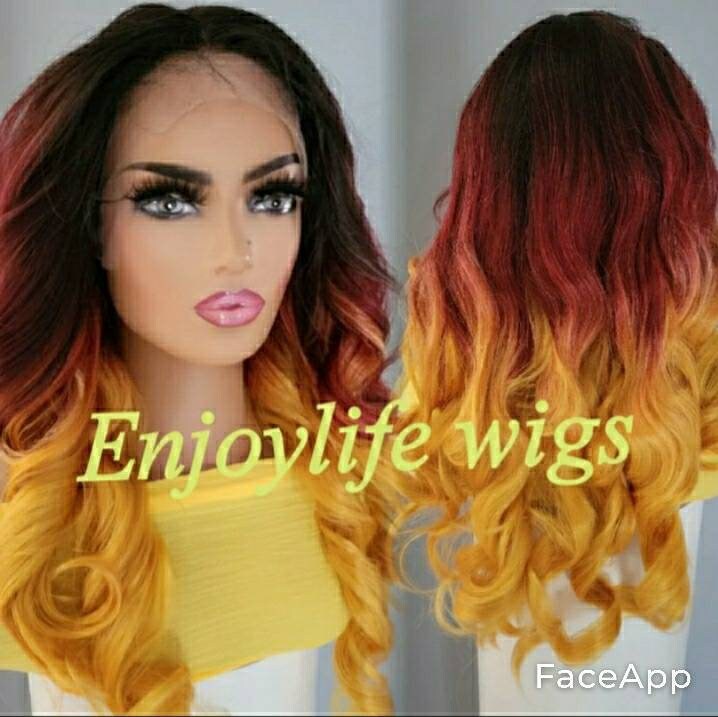 Weinrot Goldene Sonne Geküsst Feuer Wellig H.d Spitze Vorne Bunte Perücke von Enjoylifewigs