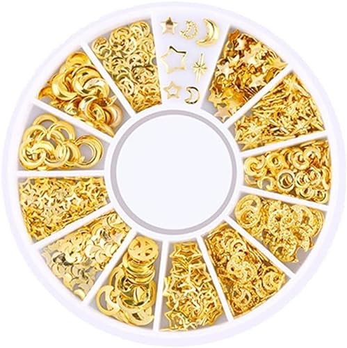 1 Box gemischte goldene Nagelanhänger-Set, goldfarbene Nagelnieten, Edelsteine, funkelnde Strasssteine, Metallnieten, Charms, hohl, Mond, Stern, Herzen, künstliche Perlen, DIY, 3D-Nagelkunst, von Enyolidimk