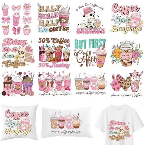 EoBeCy 12 Blatt Kaffee-Bügelbilder für T-Shirts, lustige DTF-Übertragungen, bereit zum Drücken, Wärmetransfer-Vinyl, rosa Bügelbilder, Aufkleber für Kleidung, Tasche, Hoodie, Kissenbezüge, DIY von EoBeCy