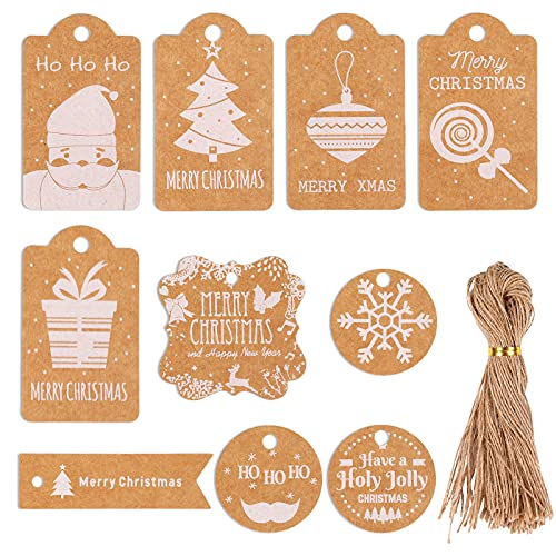 Eokeey 100 Stück Weihnachten Geschenkanhänger, Kärtchen zum Beschriften Kraftpapier Etiketten mit 100 Stück Jute Schnur, Geschenk Anhänger für Weihnachten Hochzeit Geschenke, DIY Bastel von Eokeey