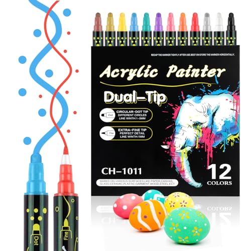 EooUooIP Doppelspitze Acrylfarben-Stifte 12 Stk. Farbe Wasserbasiert Ungiftig Vielseitige Kunstmarker für DIY, Handmalerei, Keramik, Schüler, Graffiti-Malerei von EooUooIP