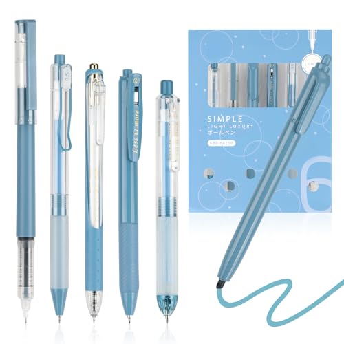 EooUooIP Gelstift, 6 Pcs ästhetische Gelstifte, Schnell Trocknender Gelstift, Einziehbarer Kugelschreiber in Schwarz+Farbiger Textmarker für Büro, Schule Gel Pens(Blau) von EooUooIP