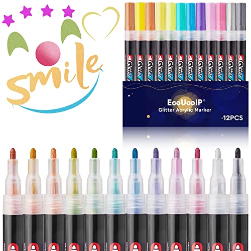 EooUooIP Acrylstifte,Metallic Marker Stifte Set,Acrylic Paint Marker,12 Farben Wasserfest Acrylstifte,Permanent Paint Acrylstifte für Glas DIY Keramik Porzellan Metall Kunststoff Holz Leinwand von EooUooIP