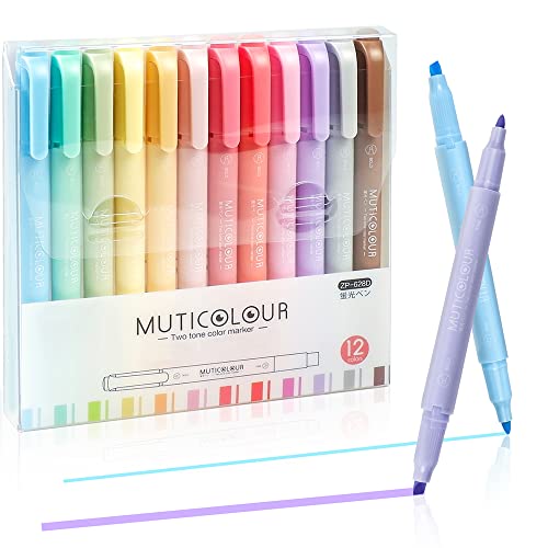 EooUooIP Textmarker Pastell, 12 Stück Doppelspitzen Textmarker und Marker, Verschiedene milde Farben, Schulbüro Schreibwaren, Bullet Journal Zubehör von EooUooIP