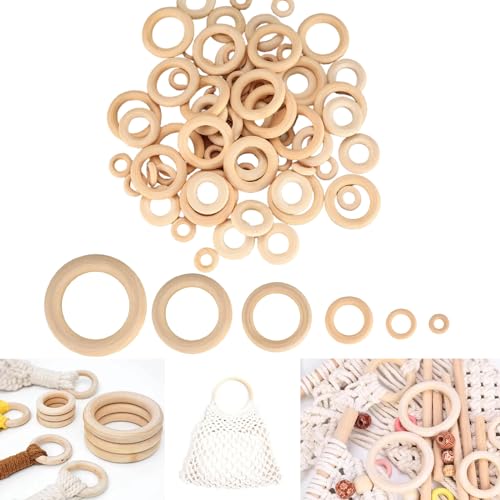 Eowppue 50 Stück Holzringe Set Natürliche und unbehandelte Ringe aus Holz Geeignet für DIY handgefertigte Dekoration, Basteln, Anhänger, Verbinder, Schmuckherstellung, Armband, Halskette(6 Größen) von Eowppue