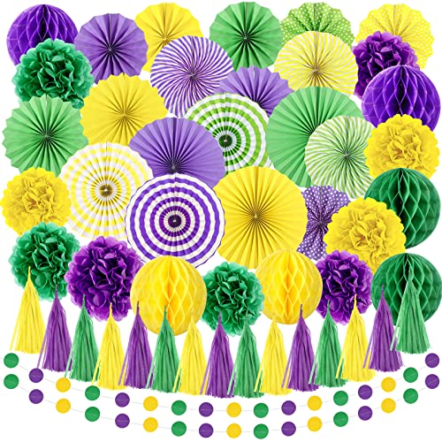 50 Stück Mardi Gras Dekorationsset, enthält Quastengirlande, Mardi Gras Seidenpapier Fächer, Gelb Grün Lila Hängende Pompons, Blume Wabenbälle und Mardi Gras Girlande für Mardi Gras Party von Epakh