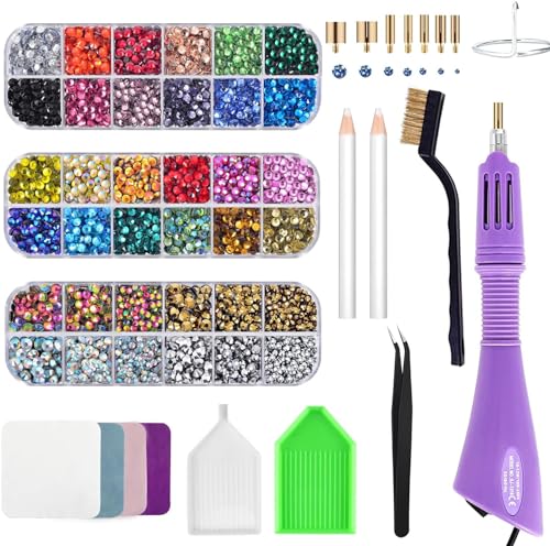 Bedazzler Kit mit Strass, Hot Fixed Edelstein Handwerk Applicator für Diamant Malerei Stift, Wachsstift, Pinzette, Tablett, Reinigungsbürste Tuch, 28 Farben Strass Kristalle für DIY Kleidung Schuhe von Epesl