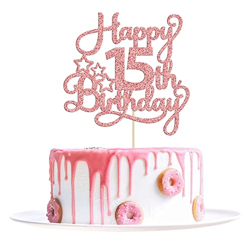 1 Packung "Happy 15th Birthday" Tortenaufsatz Roségold Glitzer Mis Quince 15 Cheers to 15 Years Old Birthday Cake Pick for Celebrating 15th Birthday Anniversary Party Cake Decorations Supplies von Ephlyn