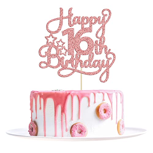 1 Packung Happy 16th Birthday Cake Topper Glitter Sweet 16 Cake Pick Geburtstag 16 Birthday Kuchendekorationen für Kinder 16. Geburtstag Thema Party Supplies Rose Gold von Ephlyn