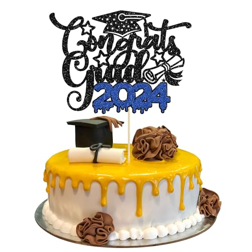 1 x Congrats Grad 2023 Kuchendekoration Glitzer Diplom Abschlusskappe Kuchen Pick Congrats Klasse 2023 Kuchendekorationen für 2022 Abschluss-Thema High School Jungen Mädchen Abschlussfeier Party Supplies Blau Schwarz von Ephlyn