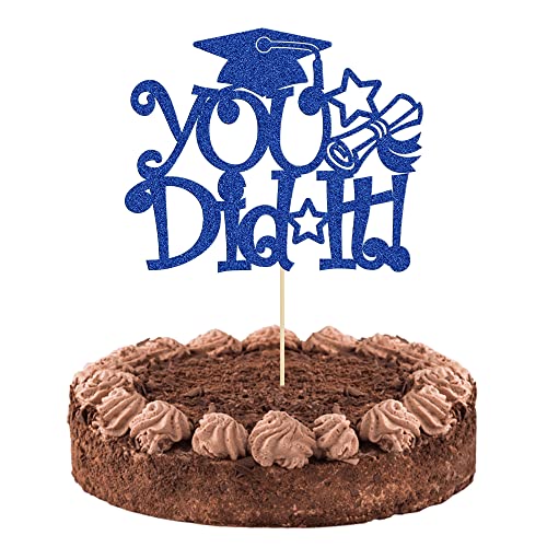 1 x You Did It Tortenaufsatz Glitzer Congrats Grad Cap 2023 Abschluss Kuchen Topper Dekorationen für 2023 Abschlussfeier Thema High School Jungen Mädchen Abschluss Party Kuchen Dekorationen Zubehör Blau von Ephlyn