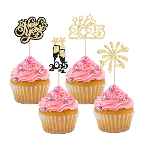 24 Stück 2025 Happy New Year Cupcake Topper Gold Glitzer Hello 2025 Cupcake Topper Cheers to 2025 Champagner Cupcake Topper Feuerwerk Kuchen Picks für Silvester Party Dekor Supplies von Ephlyn