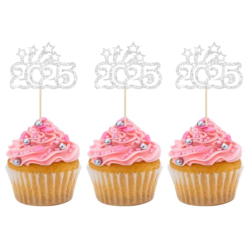 24 Stück 2025 Happy New Year Cupcake Topper Silber Glitzer Welcome to 2025 Cupcake Topper Cheers to 2025 Cake Pick Dekorationen für Silvester 2025 Party Decor Supplies von Ephlyn