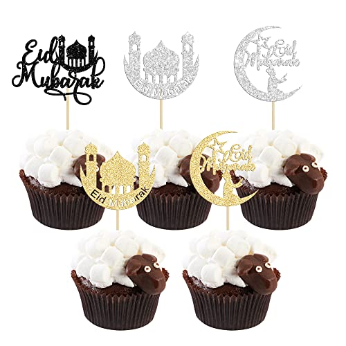 24 Stück Eid Mubarak Cupcake-Topper Mond Star Happy Eid Mubarak Cupcake Picks Islamisch Muslim Thema Ramadan Kareem Eid Party Kuchen Dekorationen Zubehör von Ephlyn