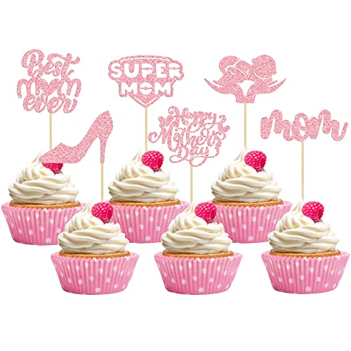 24 Stück Happy Mother's Day Cupcake-Topper Glitzer Best Mom Ever Cupcake Picks Super Mom Kuchen Dekorationen für Happy Mother's Day Geburtstag Party Kuchen Dekorationen Zubehör Rosa von Ephlyn