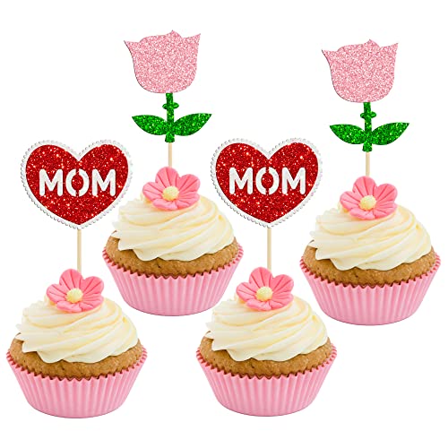 24 Stück Happy Mother's Day Cupcake-Topper Glitzer Rose Blume Herz Best Mom Ever Love Mutter Cupcake Picks für Happy Mother's Day Birthday Party Kuchen Dekorationen Supplies Rot von Ephlyn