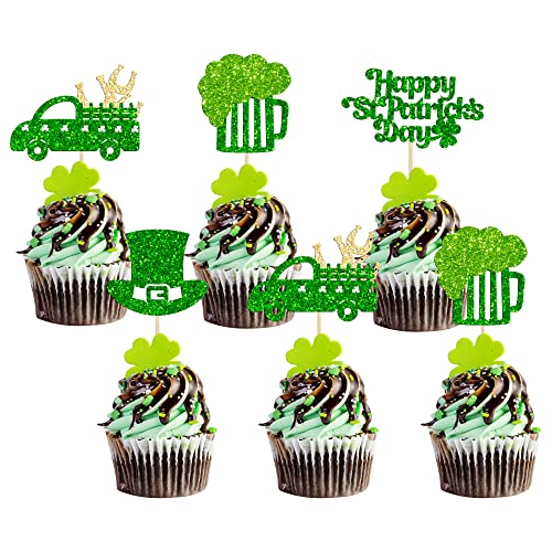 24 Stück Happy St Patrick's Day Cupcake-Topper Grün Glitter Shamrock Bierkrug Hut LKW Cupcake Picks Dekorationen für St. Patrick's Day Thema Babyparty Geburtstag Party Zubehör von Ephlyn