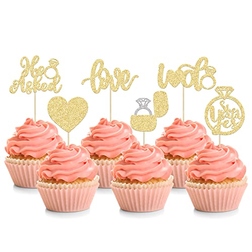 24 Stück "He Asked She Said Yes" Cupcake-Dekorationen, Herz-Ring, Junggesellinnenabschied, Cupcake-Picker, Hochzeit, Verlobung, Brautparty, Kuchendekoration, Zubehör von Ephlyn