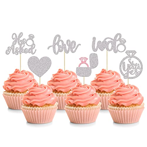 24 Stück "He Asked She Said Yes" Cupcake-Topper, Silber-Glitzer-Herz-Ring, Junggesellinnenabschied, Cupcake-Picker, Love I Do-Kuchendekorationen für Hochzeit, Verlobung, Brautparty, Kuchendekorationen von Ephlyn