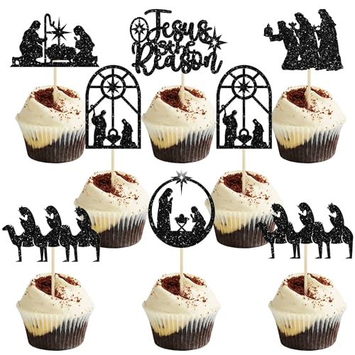 24 Stück Jesus Weihnachten Cupcake Topper Glitzer Religion Weihnachten Krippe Cupcake Picks Jesus Geburtstag Kuchen Dekorationen für Heilige Krippe Weihnachten Party Dekorationen Schwarz von Ephlyn