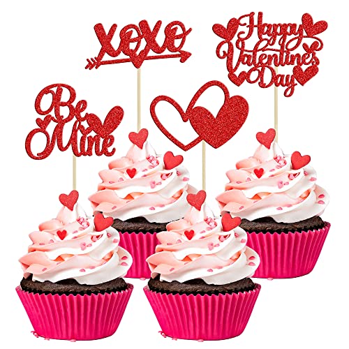 24 Stück rote Glitzer Happy Valentine's Day Cupcake Topper rosa Glitzer Liebe Herz Be Mine Cupcake Picks Valentinstag Thema Hochzeit Verlobung Party Kuchen Dekorationen Zubehör von Ephlyn