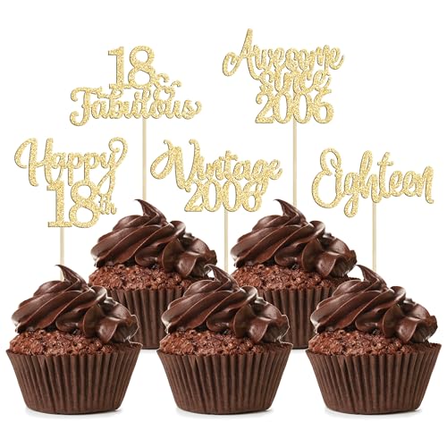 30 Stück Vintage 2005 Cupcake-Topper Glitzer Eighteen Happy 18th Birthday 18 Fabulous Cupcake Picks Cheers to 18 Years for 18th Birthday Wedding Anniversary Party Cake Decorations Supplies Gold von Ephlyn