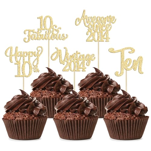 30 Stück Vintage 2013 Cupcake Topper Glitzer Happy 10th Birthday 10 Fabulous Cupcake Picks Cheers to 10 Years for 10th Birthday Hochzeit Jahrestag Party Kuchen Dekorationen Supplies Gold von Ephlyn