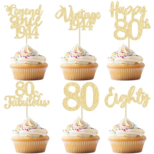 36 Stück Cupcake-Topper zum 80. Geburtstag, Goldglitzer-Legende seit 1942, Cupcake-Picks "Happy 80th Vintage 1942" Cupcake-Topper für 80th Birthday Wedding Anniversary Party Cake Decorations Supplies von Ephlyn