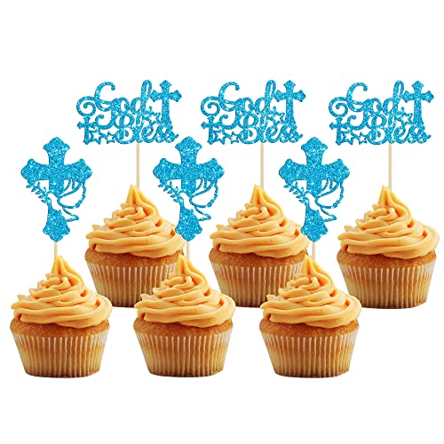 36 Stück Gott Segen und Kreuz Cupcake Topper mit Taube Glitzer Erstkommunion Taufe Cupcake Picks Dekorationen für christliche Taufe Thema Jungen Mädchen Geburtstag Party Supplies Blau von Ephlyn