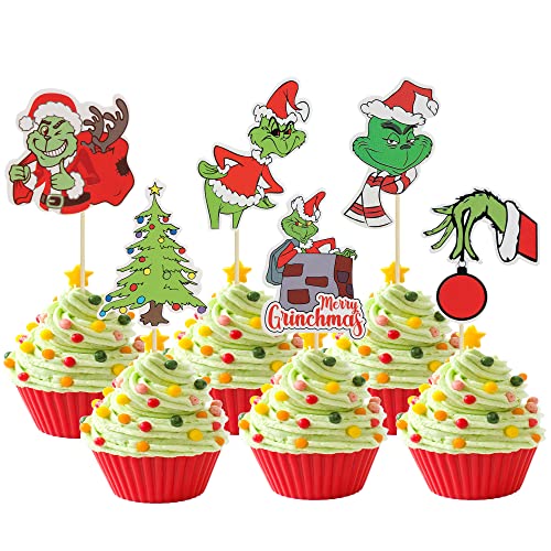 36 Stück Grinch Weihnachten Cupcake Topper Rot und Grün Grinch Weihnachten Cupcake Picks für Grinch Party Dessert Dekoration Grinch Weihnachtsdekorationen Zubehör von Ephlyn