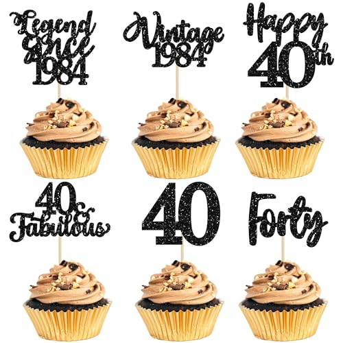 36 Stück schwarze Glitzer-Vintage 1982 Cupcake-Topper Legend Since 1982 Forty Cupcake-Picks Happy 40th 40 fabelhafte Cupcake-Topper für 40th Birthday Hochzeit Jahrestag Party Kuchen Dekorationen Supplies von Ephlyn