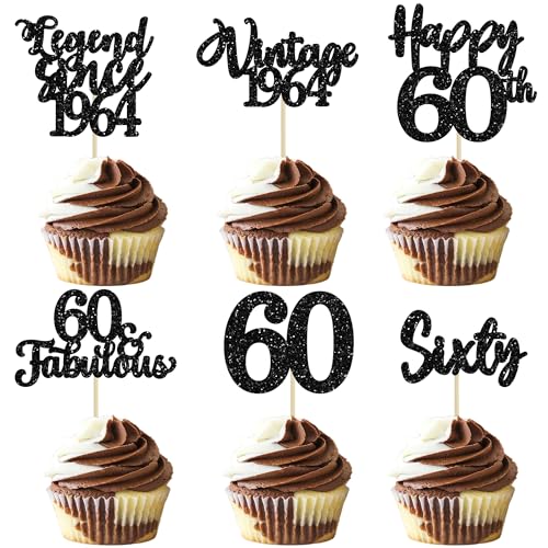 36 Stück schwarze glitzernde Cupcake-Topper zum 60. Geburtstag Vintage 1962 Cupcake-Topper Happy 60th 60 fabelhafte Cupcake-Topper für 60th Birthday Hochzeit Jahrestag Party Kuchen Dekorationen Zubehör von Ephlyn