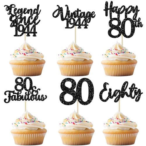 36 Stück schwarze glitzernde Cupcake-Topper zum 80. Geburtstag Vintage 1942 Legende seit 1942 80 fabelhafte Cupcake-Topper für 80. Geburtstag, Hochzeitstag, Party, Kuchendekorationen von Ephlyn