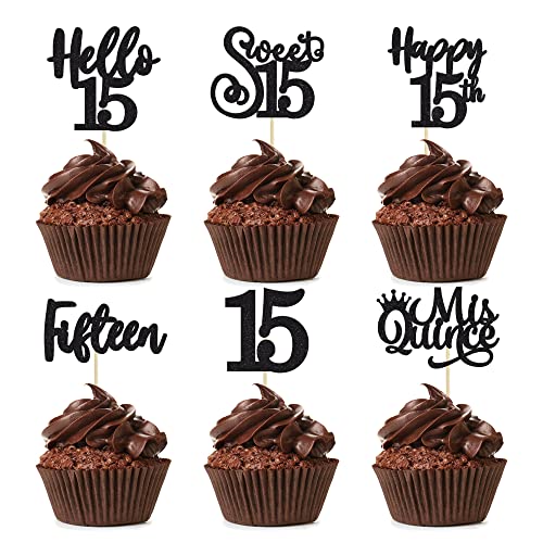 36 schwarze Cupcake-Topper zum 15. Geburtstag, Hello 15 Cupcake-Topper, süße 15 Fifteen Happy 15th Cupcake-Picks für 15th Birthday Anniversary Party Kuchen Dekorationen Zubehör von Ephlyn