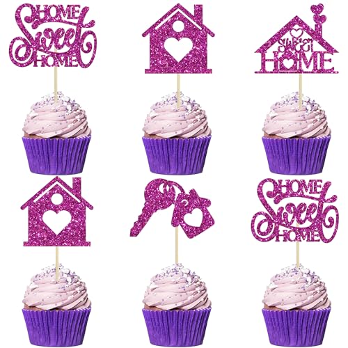 Cupcake-Aufsätze mit Aufschrift "Sweet Home", glitzernd, mit Schlüsselverschluss, für Einweihungsparty, Kuchendekorationen, Lila, 24 Stück von Ephlyn