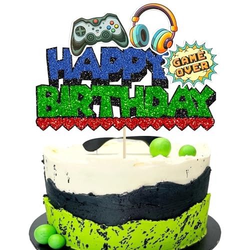 Ephlyn 1 x Videospiel-Kuchenaufsatz "Happy Birthday", Glitzer-Videospiel, Kuchen-Picker, Spiel auf Controllern, GamePad-Kuchendekoration für Spielthemen, Babyparty, Kinder, Jungen, Mädchen, von Ephlyn