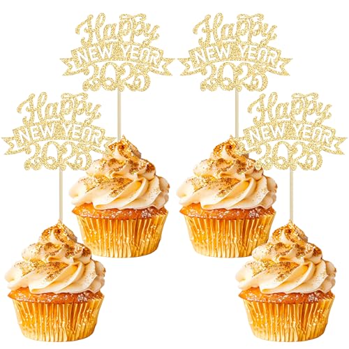 Ephlyn 24 Stück 2025 Happy New Year Cupcake Toppers Glitter Feuerwerk Hello 2025 Cupcake Picks für Cheers to 2025 Happy New Year Eve Thema Urlaub Party Kuchen Dekorationen Supplies Gold von Ephlyn