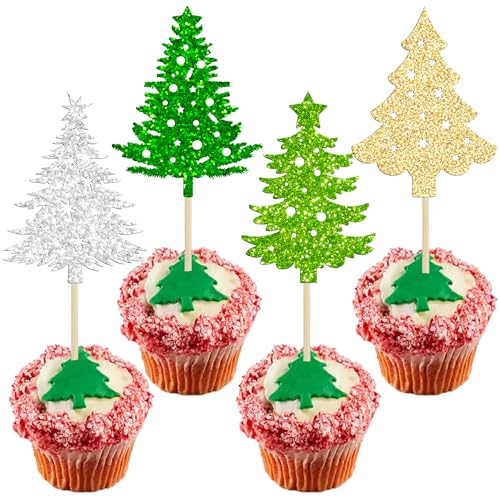 Ephlyn Cupcake-Aufsätze für Weihnachtsbaum, glitzernd, Motiv: Merry Christmas, Cupcake-Picks, Weihnachtsbaum-Kuchendekorationen für Weihnachtsbaum, Thema, Weihnachten, Urlaub, Babyparty, Geburtstag, von Ephlyn