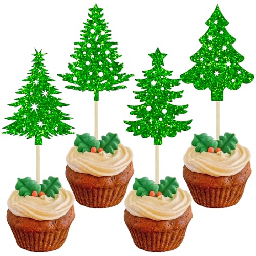 Ephlyn Cupcake-Aufsätze für Weihnachtsbaum, glitzernd, Motiv: Merry Christmas, Cupcake-Picks, Weihnachtsbaum-Kuchendekorationen für Weihnachtsbaum, Thema, Weihnachten, Urlaub, Babyparty, Geburtstag, von Ephlyn