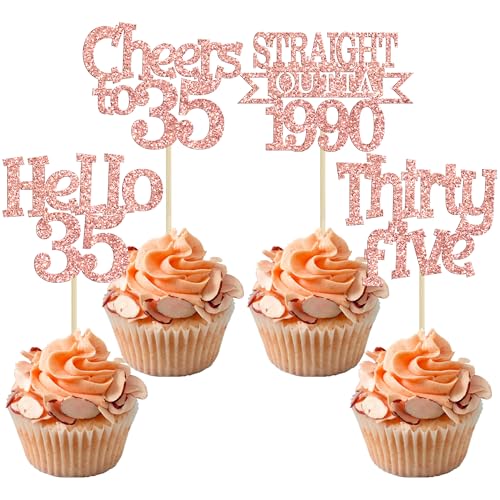 Ephlyn Cupcake-Topper "Happy 35th Birthday", Roségold, 35 Cupcake-Picks, Hello 35 Cheers to 35 Years Birthday Cake Decorations for 35th Birthday Anniversary Party Decor Supplies von Ephlyn