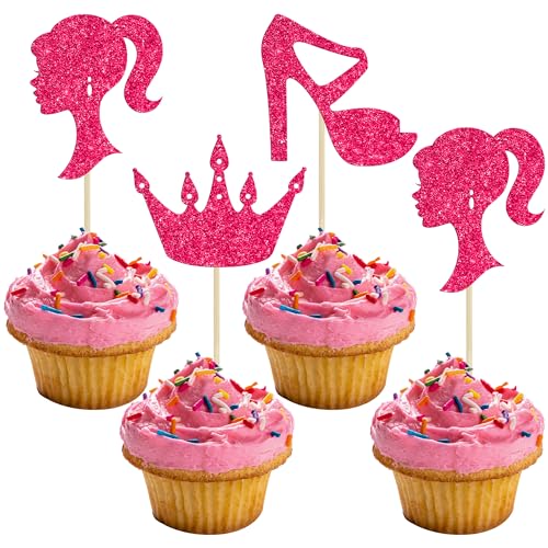 Ephlyn Cupcake-Topper mit Glitzer-Prinzessinnen-Motiv, Puppenkopf, High Heel, Cupcake-Topper, Mädchen, Geburtstag, Thema, Cupcake-Picks für Babyparty, Mädchen, Geburtstagsparty, Rosa, Rot, 24 Stück von Ephlyn