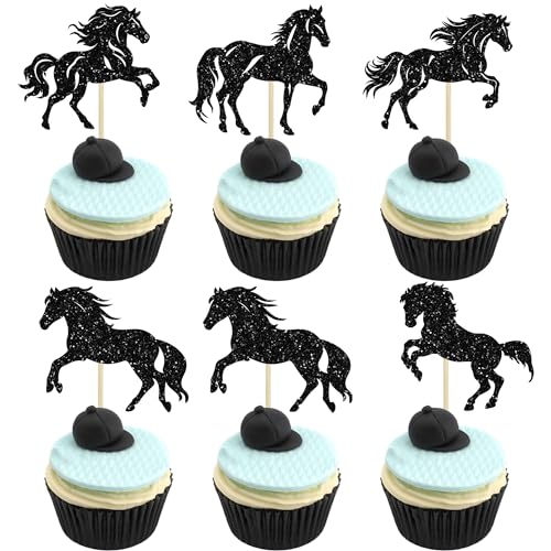 Ephlyn Cupcake-Topper mit Pferd, glitzernd, für Babyparty, Kindergeburtstag, Reitsport, Party, Dekoration, Schwarz, 24 Stück von Ephlyn