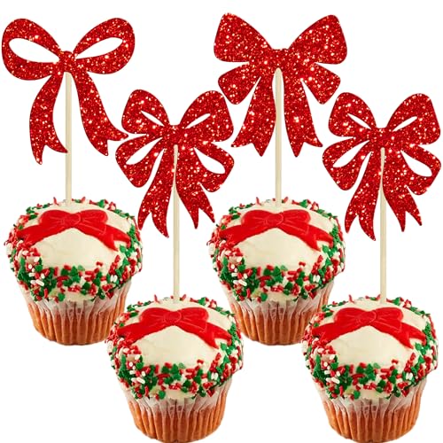 Ephlyn Cupcake-Topper mit Weihnachtsschleife und Aufschrift "Merry Christmas", Kuchendekorationen für Weihnachten, Party, Neujahr, Zeremonie, Party, Kuchendekorationen, Zubehör, Rot, 24 Stück von Ephlyn