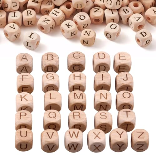 Alphabet-Perlen aus natürlichem Buchenholz, quadratische Buchstabenblöcke mit Löchern, DIY-Schmuckherstellung, Bastelzubehör für Namensprojekte, 260 Stück, 12 mm von Epicover