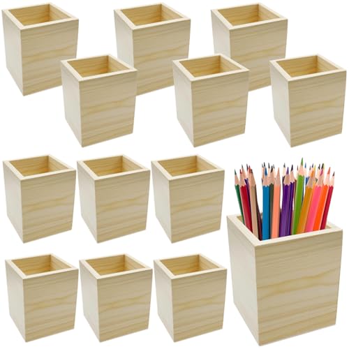 Epicover Stiftehalter aus Holz (12 Stück), Stifthalter aus Kiefernholz, unlackiert, natürlicher quadratischer Schreibtisch-Organizer, handgefertigter Bastelbedarf, Bleistiftbehälter, 9,9 x 7,9 x 7,9 von Epicover