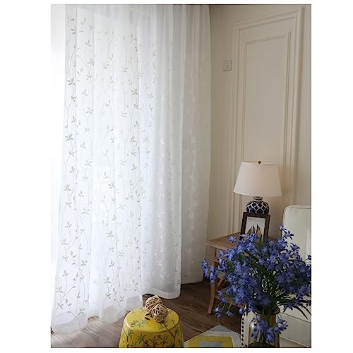 Epinki Halbtransparent Voile Vorhangschals Ösen 140x215cm(BxH), Zweigstelle Blätter Weiß Gardinen Voile aus Voile Polyester, Dekoschal für Schlafzimmer von Epinki