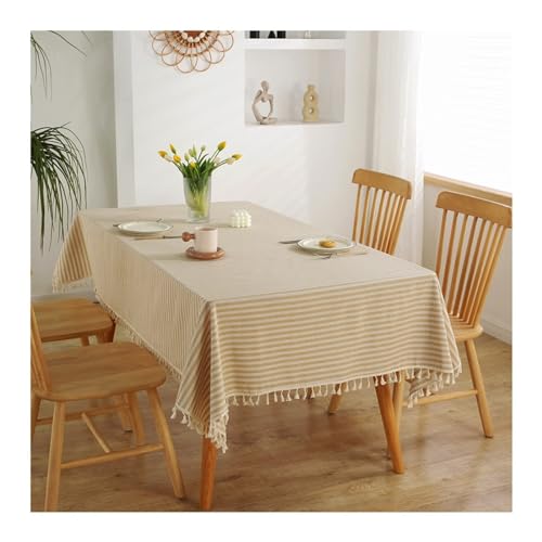 Epinki Tischdecken 140x250CM, Tischtuch Streifen mit Quaste Polyester, Abwaschbar Tischdecke Draußen Pflegeleicht für Esszimmer, Garten, Party, Hochzeiten oder Haushalt, Beige von Epinki