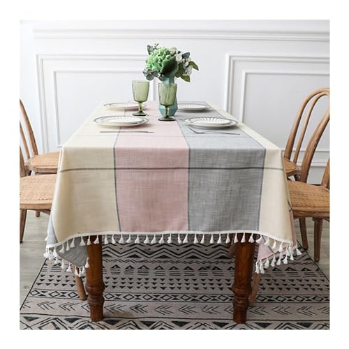 Epinki Tischtuch, Rose Tischdecken Kariert mit Quaste Polyester, Tischtuch Deko Garten Zimmer Tischdekoration für Wohnzimmer, Esszimmer, Balkon, Garten, 140x220CM von Epinki