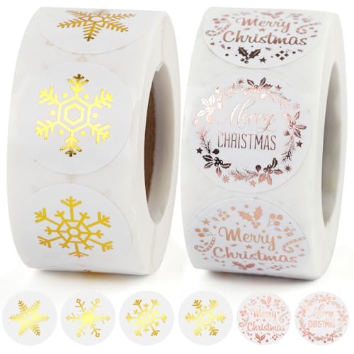 1000 Stück Weihnachten Aufkleber, Rund Goldfolie Etiketten Selbstklebend 2.5cm, Funkelnde Merry Christmas Sticker, Schneeflocken Deko für Belohnung Scrapbooking Grußkarten Geschenke Verpackungen von Epokus