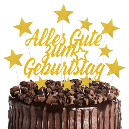 21 Stück Tortendeko Geburtstag, Gold Kuchen Deko, Alles Gute zum Geburtstag tortendeko, Glitter Torten Geburtstag Deko für Mädchen und Damen, Cake Topper mit Sternen von Epokus